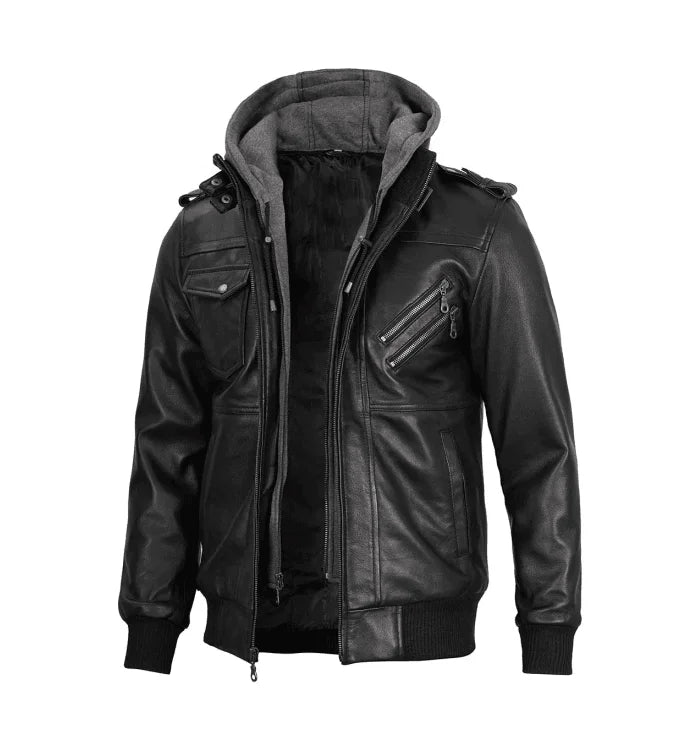 Phantom Men’s Black Leather Bomber Jacket with Hood