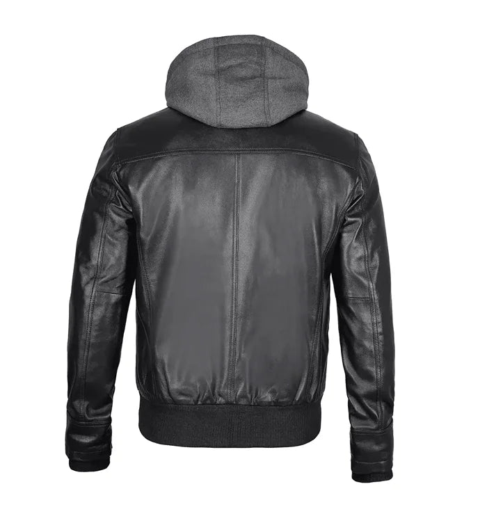 Nomad Men’s Black Leather Jacket with Hoodie