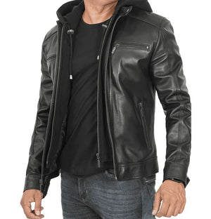 Phoenix Mens Black Leather Moto Jacket with Hood