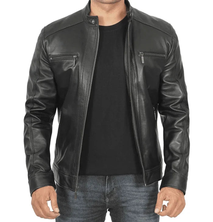 Phoenix Mens Black Leather Moto Jacket with Hood