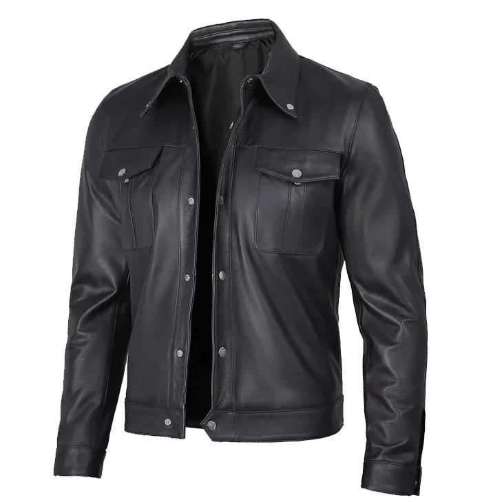 Trailblazer Men’s Black Real Leather Trucker Jacket