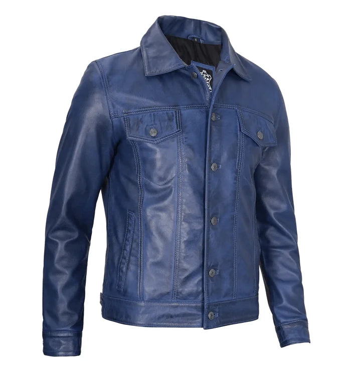 Winston Men’s Blue Leather Trucker Jacket