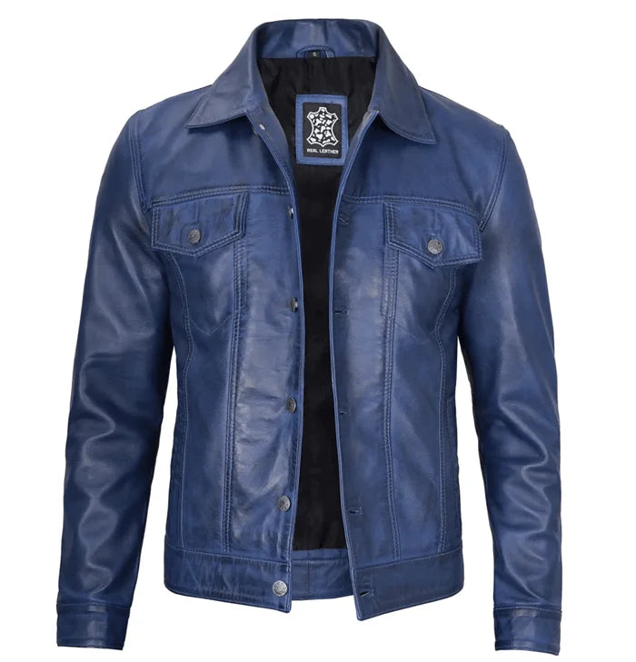 Winston Men’s Blue Leather Trucker Jacket