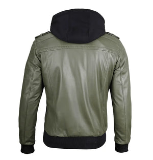 Titan Men’s Green Bomber Leather Jacket with Hood