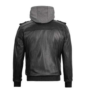 Phantom Men’s Black Leather Bomber Jacket with Hood