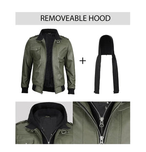 Titan Men’s Green Bomber Leather Jacket with Hood