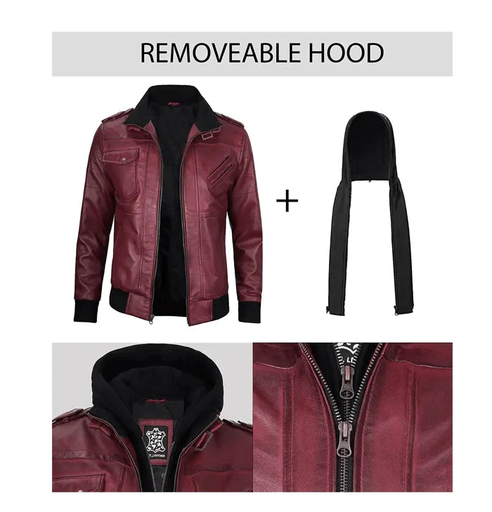 Rogue Men’s Maroon Leather Bomber Jacket with Hood