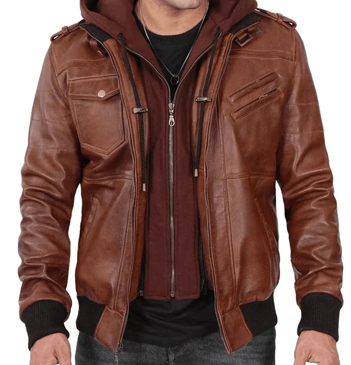 Ranger Men’s Brown Hooded Leather Bomber Jacket