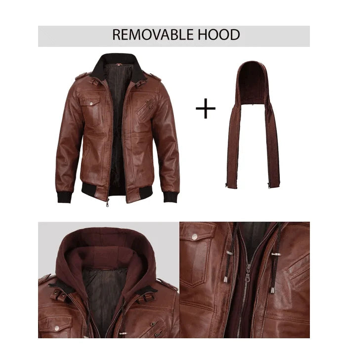 Ranger Men’s Brown Hooded Leather Bomber Jacket