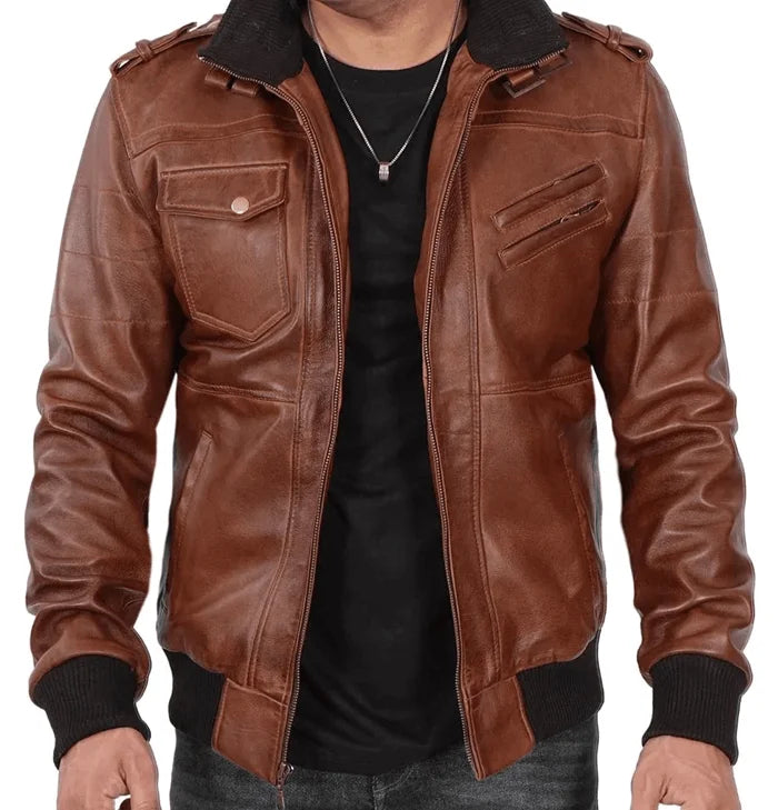 Ranger Men’s Brown Hooded Leather Bomber Jacket