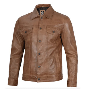 Crusader Men’s Brown Leather Trucker Jacket