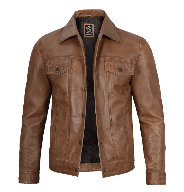 Crusader Men’s Brown Leather Trucker Jacket