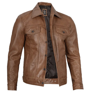 Crusader Men’s Brown Leather Trucker Jacket