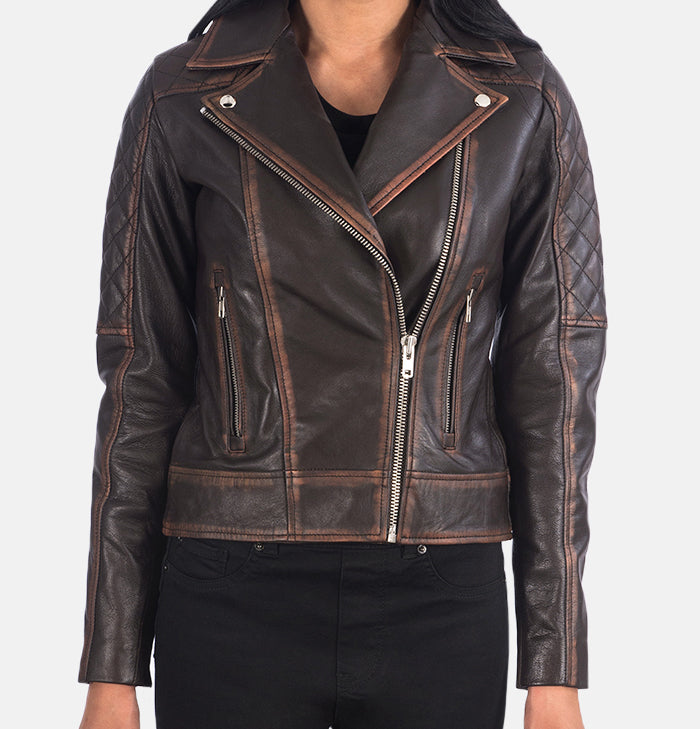Winifred Vintage Brown Womens Quilted Leather Biker Jacket