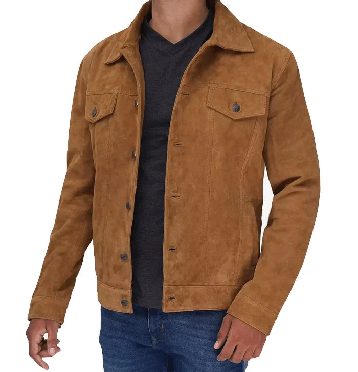 Griffin Men’s Camel Brown Suede Trucker Jacket