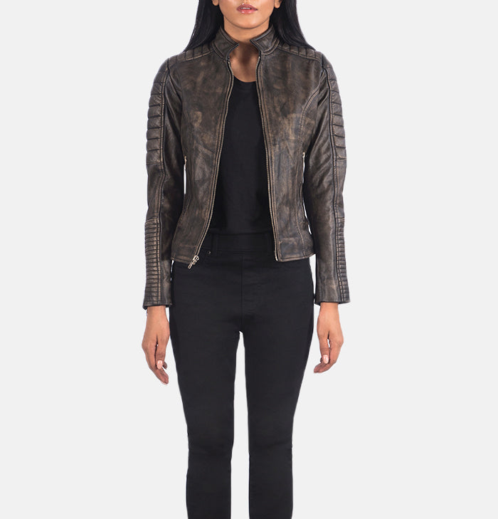 Cecilia Womens Brown Quilted Distressed Leather Café Racer Jacket