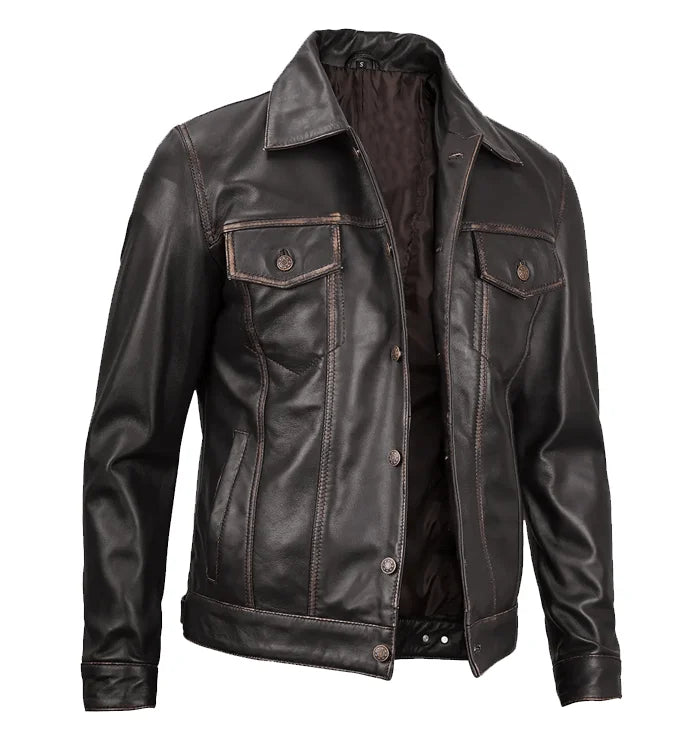 Valor Men’s Chocolate Brown Leather Trucker Jacket