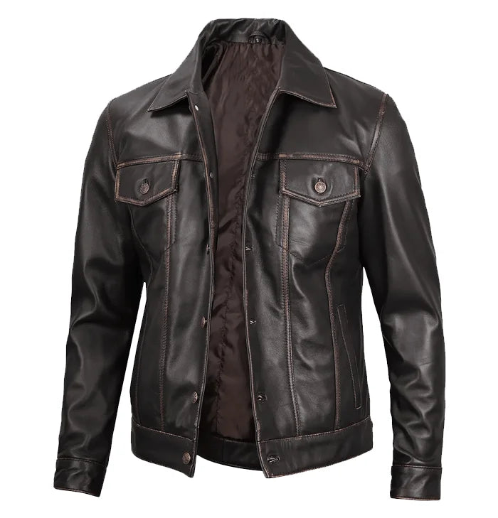 Valor Men’s Chocolate Brown Leather Trucker Jacket