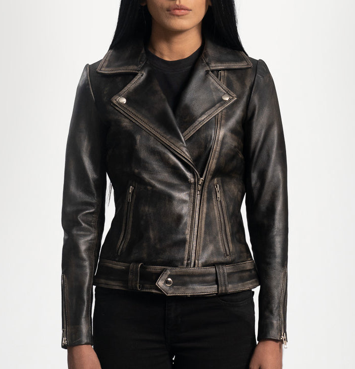 Clementine Womens Distressed Brown Motorcycle Leather Jacket