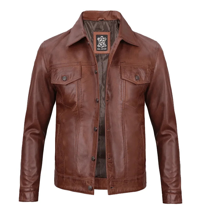 Legion Men’s Cognac Trucker Leather Jacket