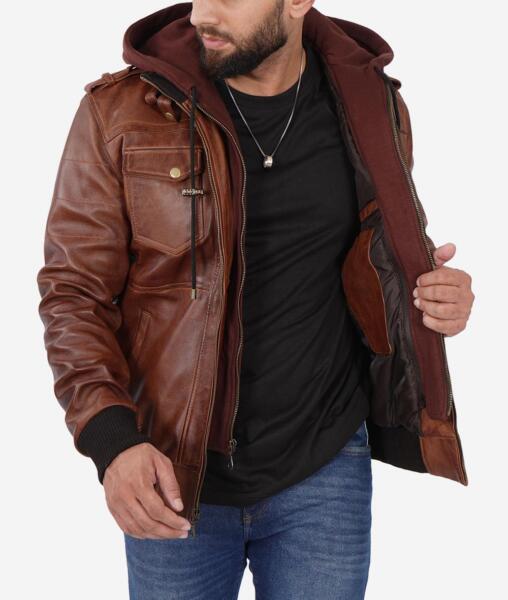 Edinburgh Men's Brown Leather Bomber Jacket With Removable Hood