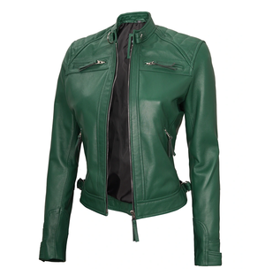 Evangeline Women’s Diamond Quilted Green Café Racer Leather Jacket