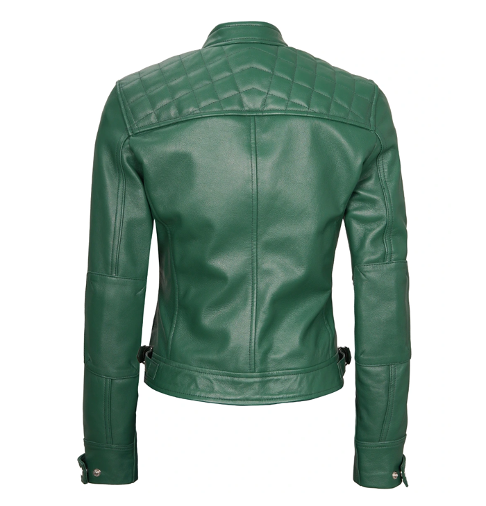 Evangeline Women’s Diamond Quilted Green Café Racer Leather Jacket