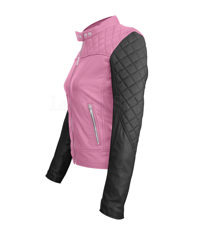 Allure Diamond Quilted Women’s Pink Leather Biker Jacket