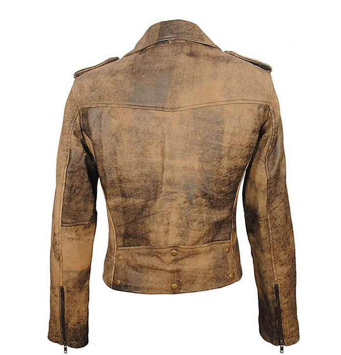 Harriet Vintage Style Distressed Brown Leather Moto Jacket for Women