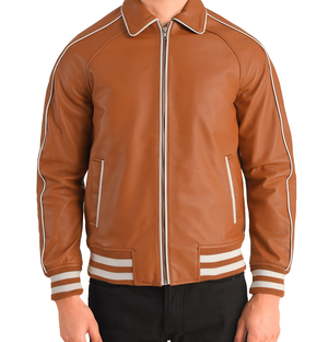 Edward Tan Brown Leather Baseball Jacket Mens