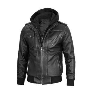 Hunter Gray Leather Hooded Bomber Jacket for Men