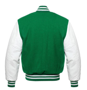 Bennett Mens Green and White Wool Varsity Jacket with Leather Sleeves