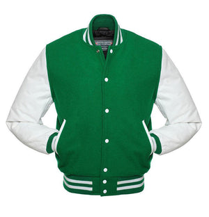 Bennett Mens Green and White Wool Varsity Jacket with Leather Sleeves