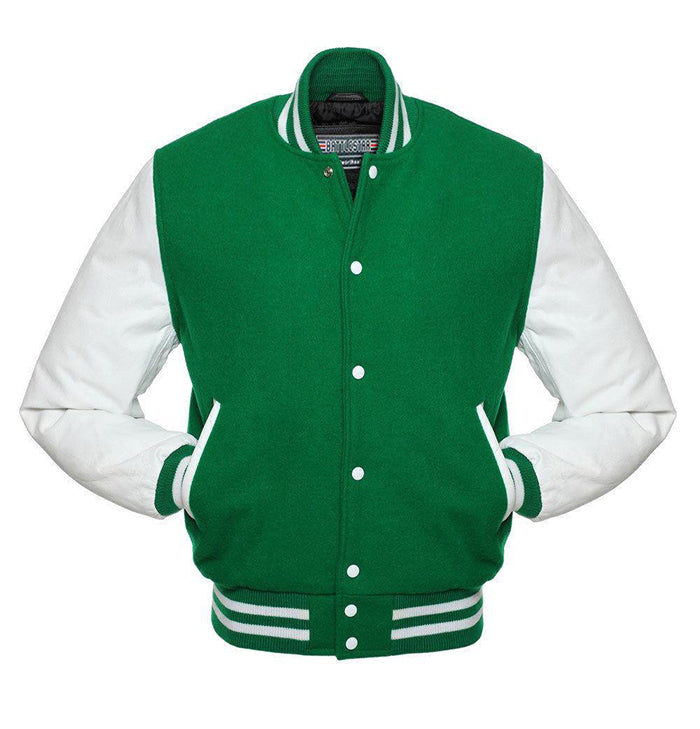 Bennett Mens Green and White Wool Varsity Jacket with Leather Sleeves