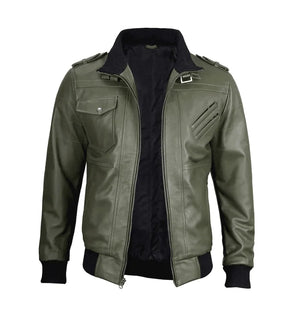 Titan Men’s Green Bomber Leather Jacket with Hood