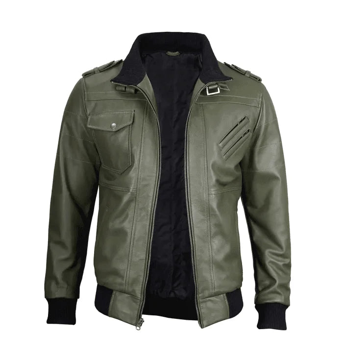 Titan Men’s Green Bomber Leather Jacket with Hood