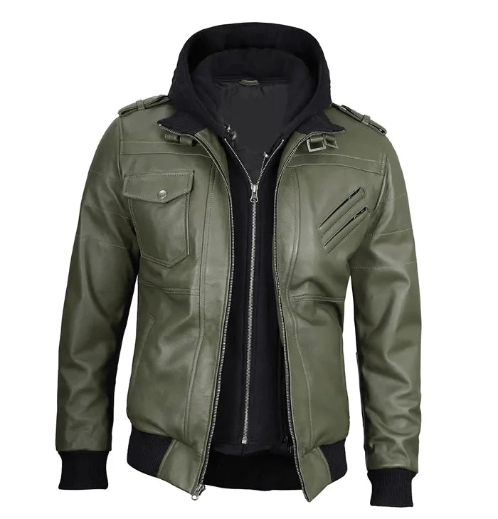 Titan Men’s Green Bomber Leather Jacket with Hood