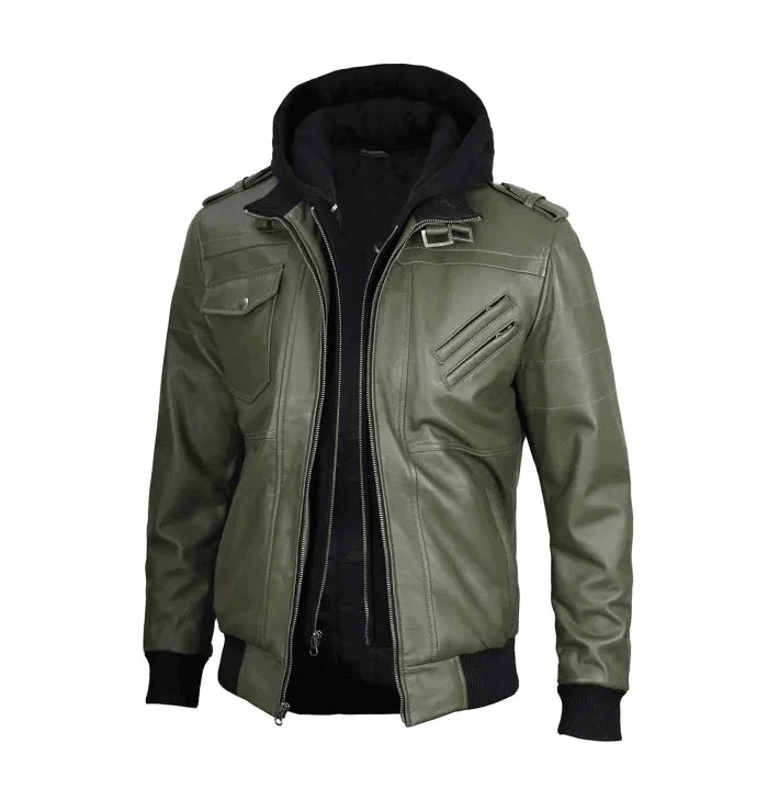Titan Men’s Green Bomber Leather Jacket with Hood