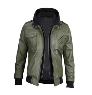 Titan Men’s Green Bomber Leather Jacket with Hood
