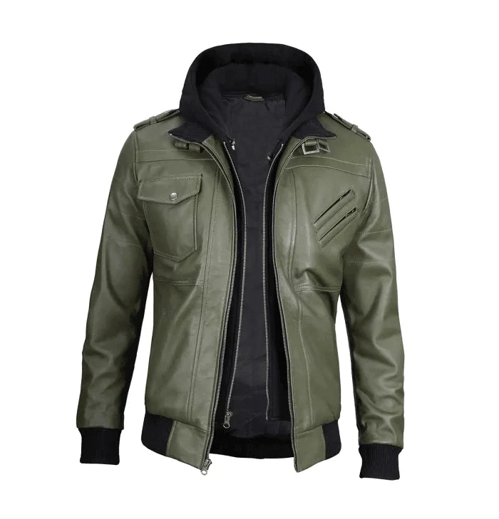 Titan Men’s Green Bomber Leather Jacket with Hood