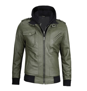 Titan Men’s Green Bomber Leather Jacket with Hood