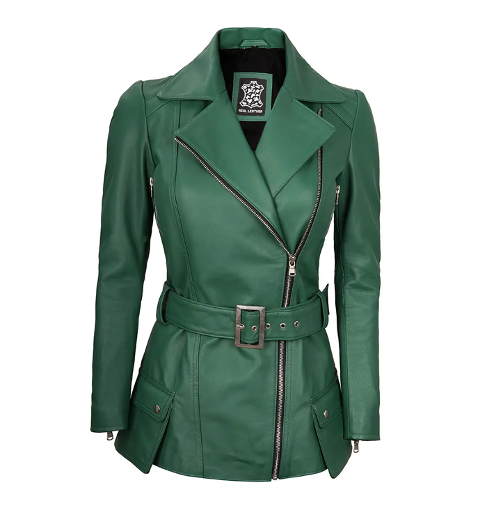 Willow Women’s Green Asymmetrical Belted Leather Jacket