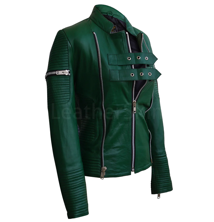 Olive Green Motorcycle Leather Jacket Womens