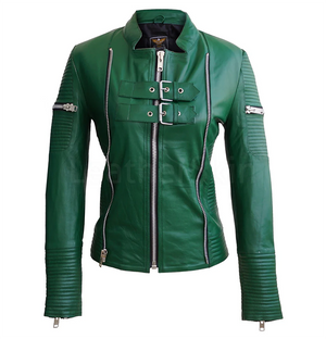 Olive Green Motorcycle Leather Jacket Womens