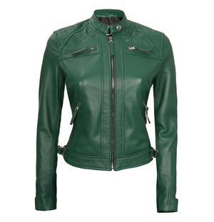 Evangeline Women’s Diamond Quilted Green Café Racer Leather Jacket