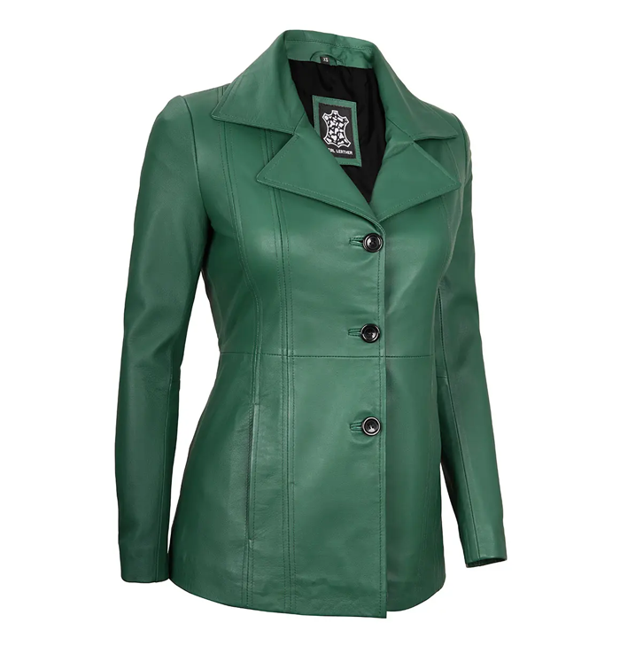 Eleanor Three Button Green Leather Women’s Blazer