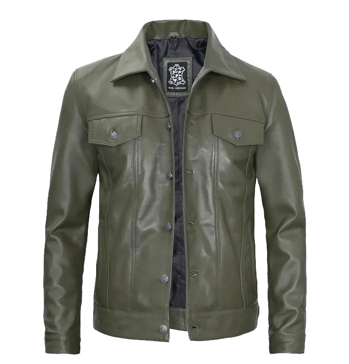 Raider Green Trucker Leather Jacket for Men