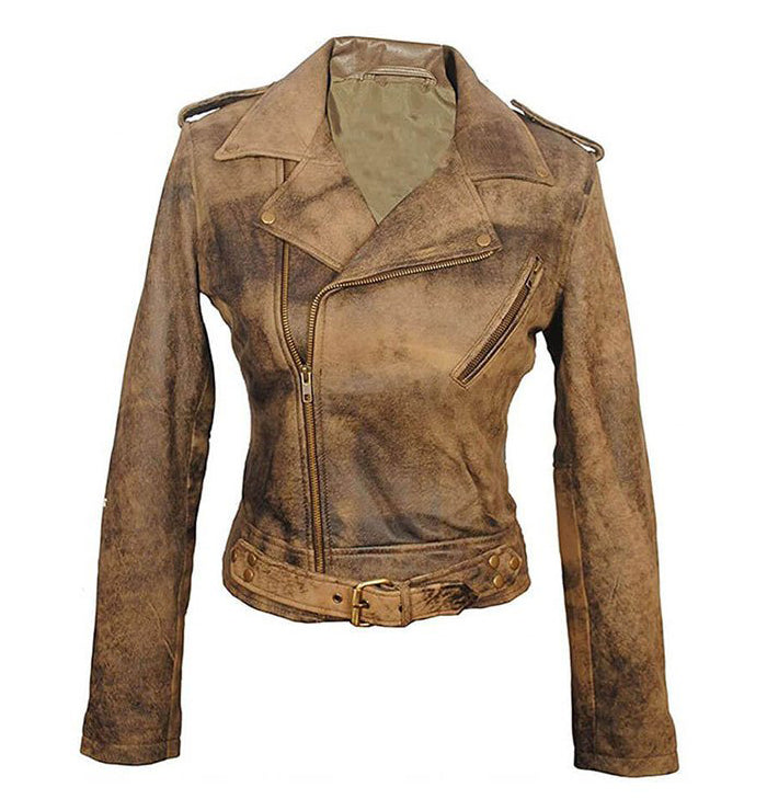 Harriet Vintage Style Distressed Brown Leather Moto Jacket for Women