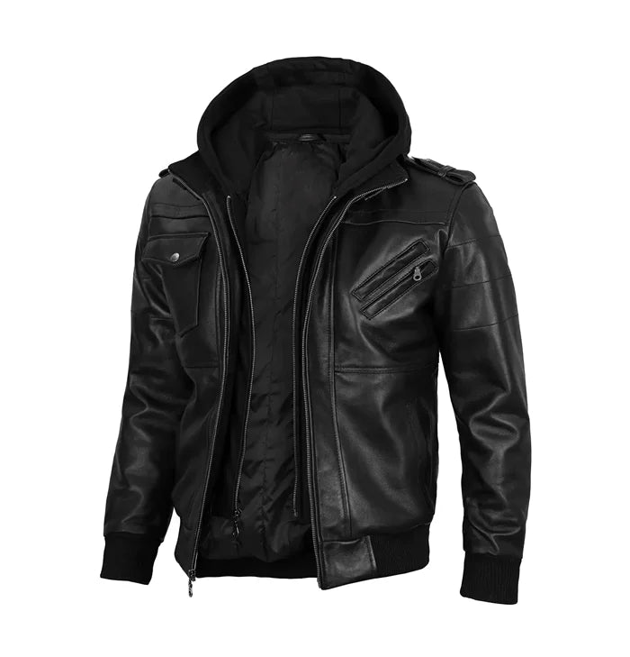 Maverick Men’s Black Hooded Leather Jacket