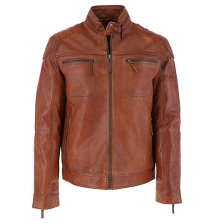 Leonard Men’s Tan Real Leather Biker Jacket